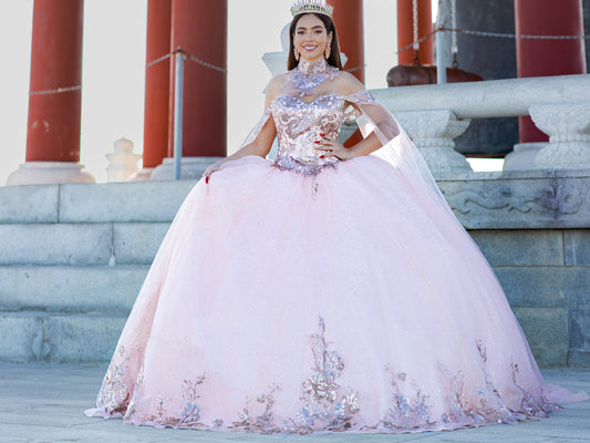 Quinceanera | Blush Off-Shoulder Ballgown Adorned with Golden Lace & Detachable Shoulder Train Sleeves | Renata J dress  | 3 Colors Available front