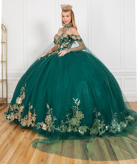 Quinceanera | Hunter Green Off-Shoulder Ballgown Adorned with Golden Lace & Detachable Shoulder Train Sleeves | Renata J dress  | 3 Colors Available front side