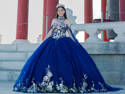 Quinceanera | Navy Off-Shoulder Ballgown Adorned with Golden Lace & Detachable Shoulder Train Sleeves | Renata J dress  | 3 Colors Available front view