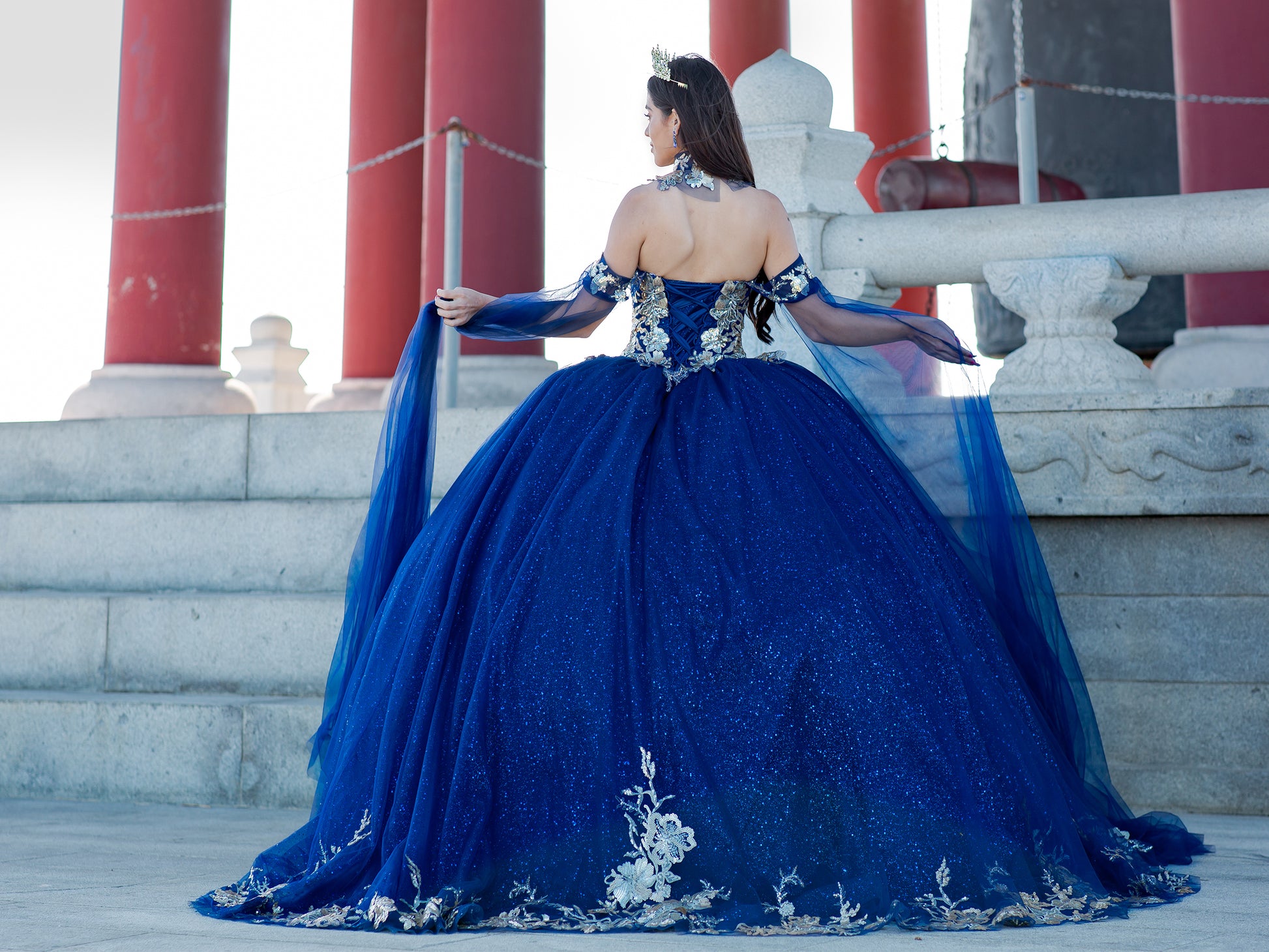 Quinceanera | Navy Off-Shoulder Ballgown Adorned with Golden Lace & Detachable Shoulder Train Sleeves | Renata J dress  | 3 Colors Available back
