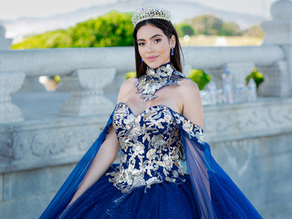 Quinceanera | Navy Off-Shoulder Ballgown Adorned with Golden Lace & Detachable Shoulder Train Sleeves | Renata J dress  | 3 Colors Available front zoom