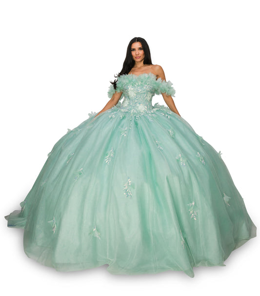 Aqua Blue Quinceanera | Off-shoulder Rainbow Embroidered Sequin Ruffle Flower Leaves accent gown - front view of woman wearing dress