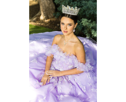 Lilac Quinceanera | Off-shoulder Rainbow Embroidered Sequin Ruffle Flower Leaves accent gown - woman wearing dress wearing crown with hands clasped in front wearing crown