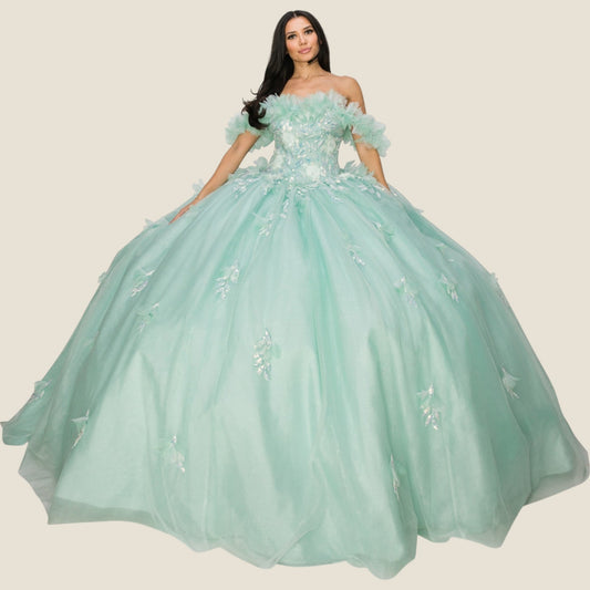  Aqua Blue Off-shoulder Rainbow Embroidered Sequin Ruffle Flower Leaves accent gown | Madelyn dress