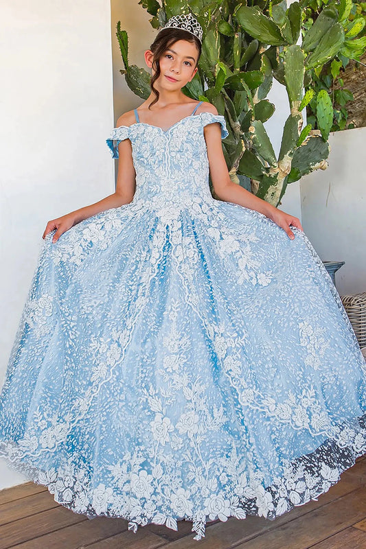 Blue white front view kids mini quinceañera mini quince dress with off-shoulder sleeves, 3D floral applique, glitter tulle and A-line skirt.