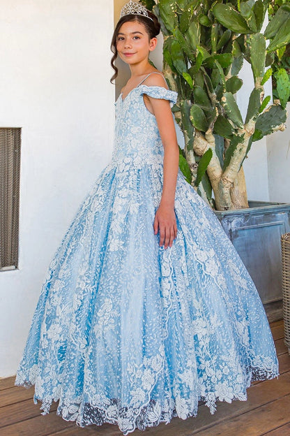 Shown in a angled view, the Blue mini quince dress has off-shoulder floral lace and a scalloped skirt hem.