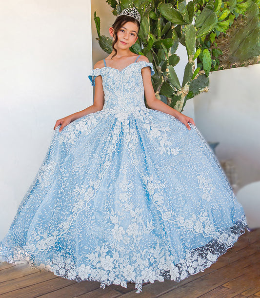 Young girl in a light blue lace dress with a tiara, standing indoors with plants in the background.