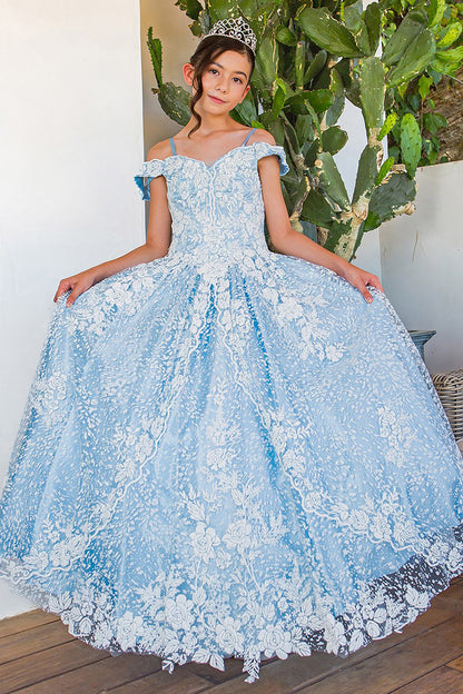 Mini Quince | Blue/white 3D Floral effect glitter Off-shoulder Tulle Mini Quince 3-Anos Dress | 2 Colors | Aitana dress front