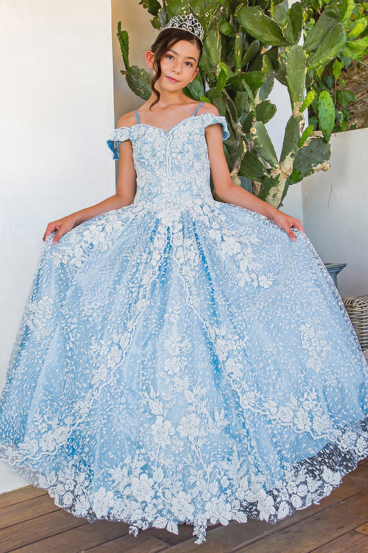 Mini Quince | Blue/white 3D Floral effect glitter Off-shoulder Tulle Mini Quince 3-Anos Dress | 2 Colors | Aitana dress front