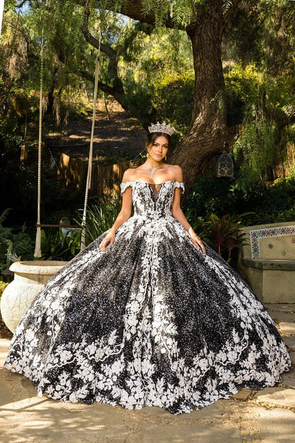 Displayed in a front view, the Black quinceañera dress has off-shoulder floral lace bodice and full ball skirt.