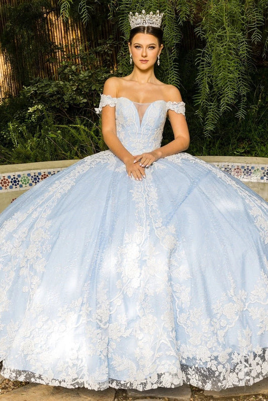 Shown in a full-skirt front view, the Dusty Blue quinceañera dress has sweetheart bodice and white floral lace over the full skirt.