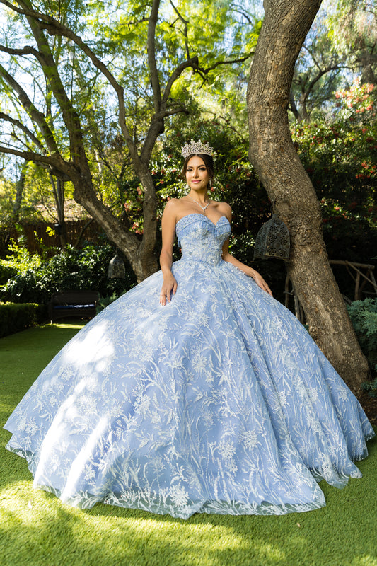 Quinceanera | Dusty Blue Off-Shoulder Rhinestone Beaded Appliqué Glitter Tulle Gown | Juana Dress | 2 Colors Available front