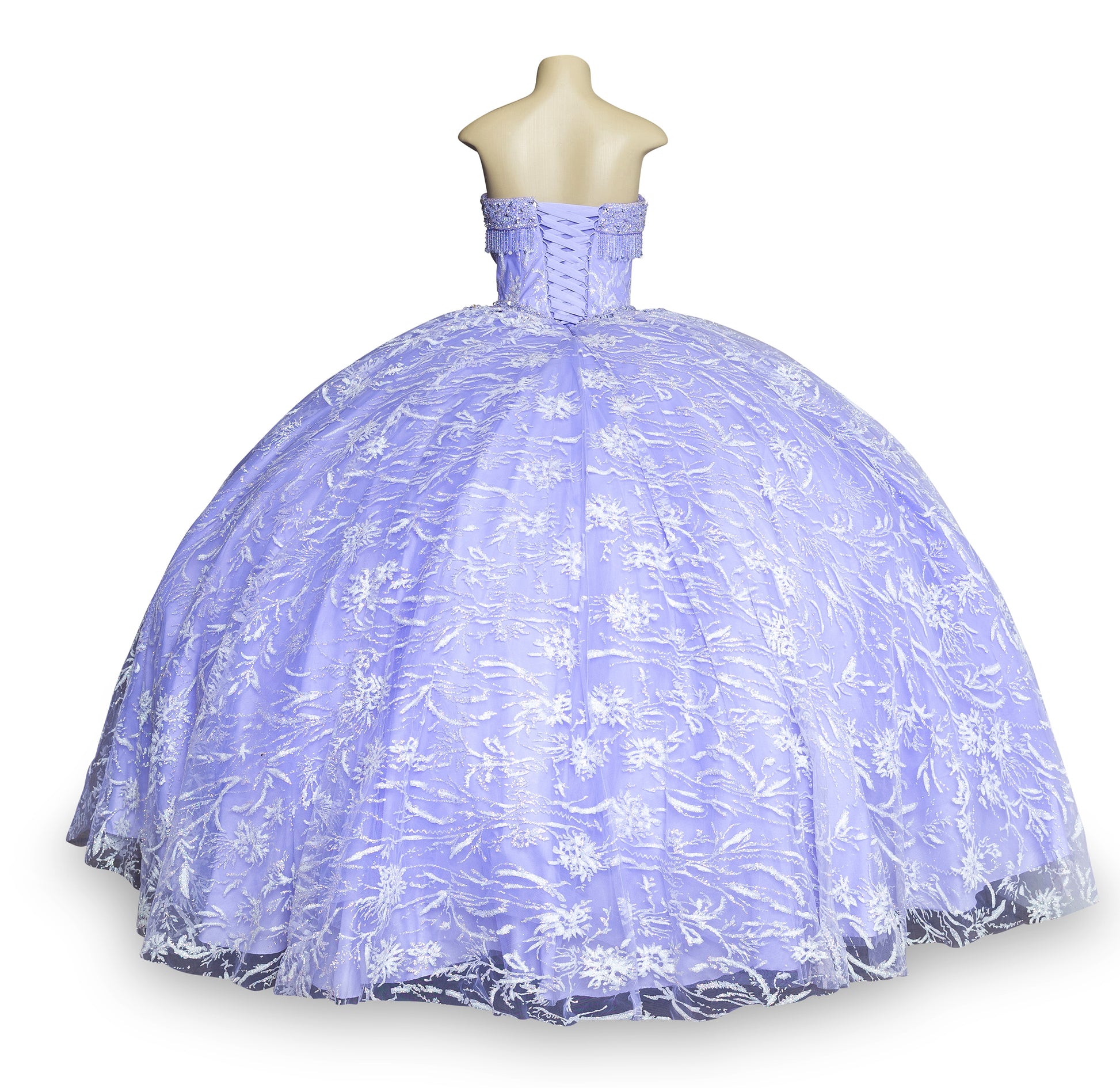 Quinceanera | Lilac Off-Shoulder Rhinestone Beaded Appliqué Glitter Tulle Gown | Juana Dress | 2 Colors Available back
