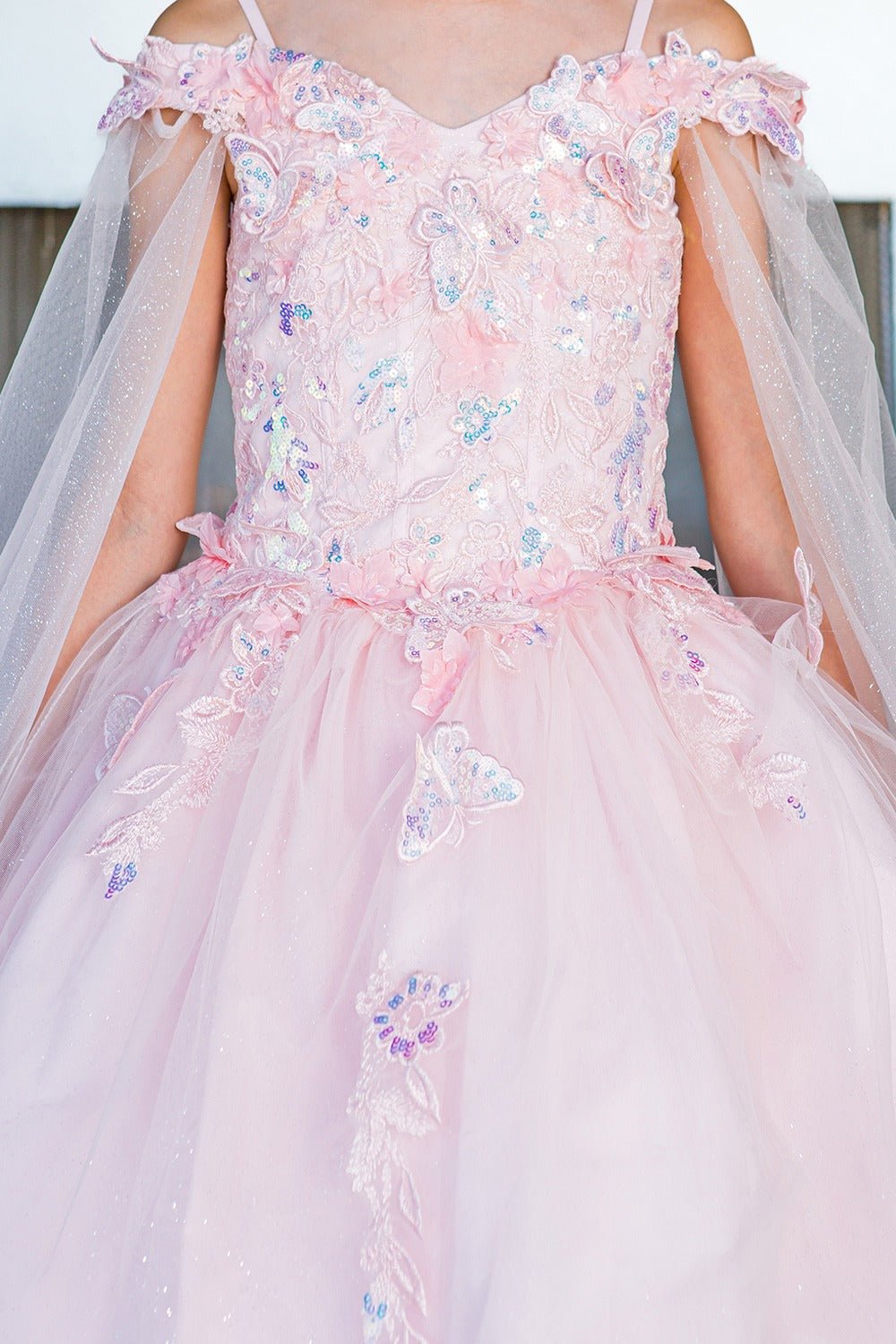 Blush mini quince dress with 3D butterfly applique detachable sleeves glitter tulle skirt.