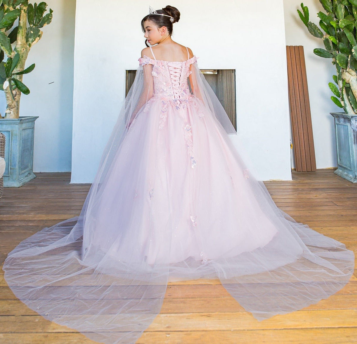 Front view of blush mini quince dress with 3D butterfly applique detachable sleeves long tulle train.
