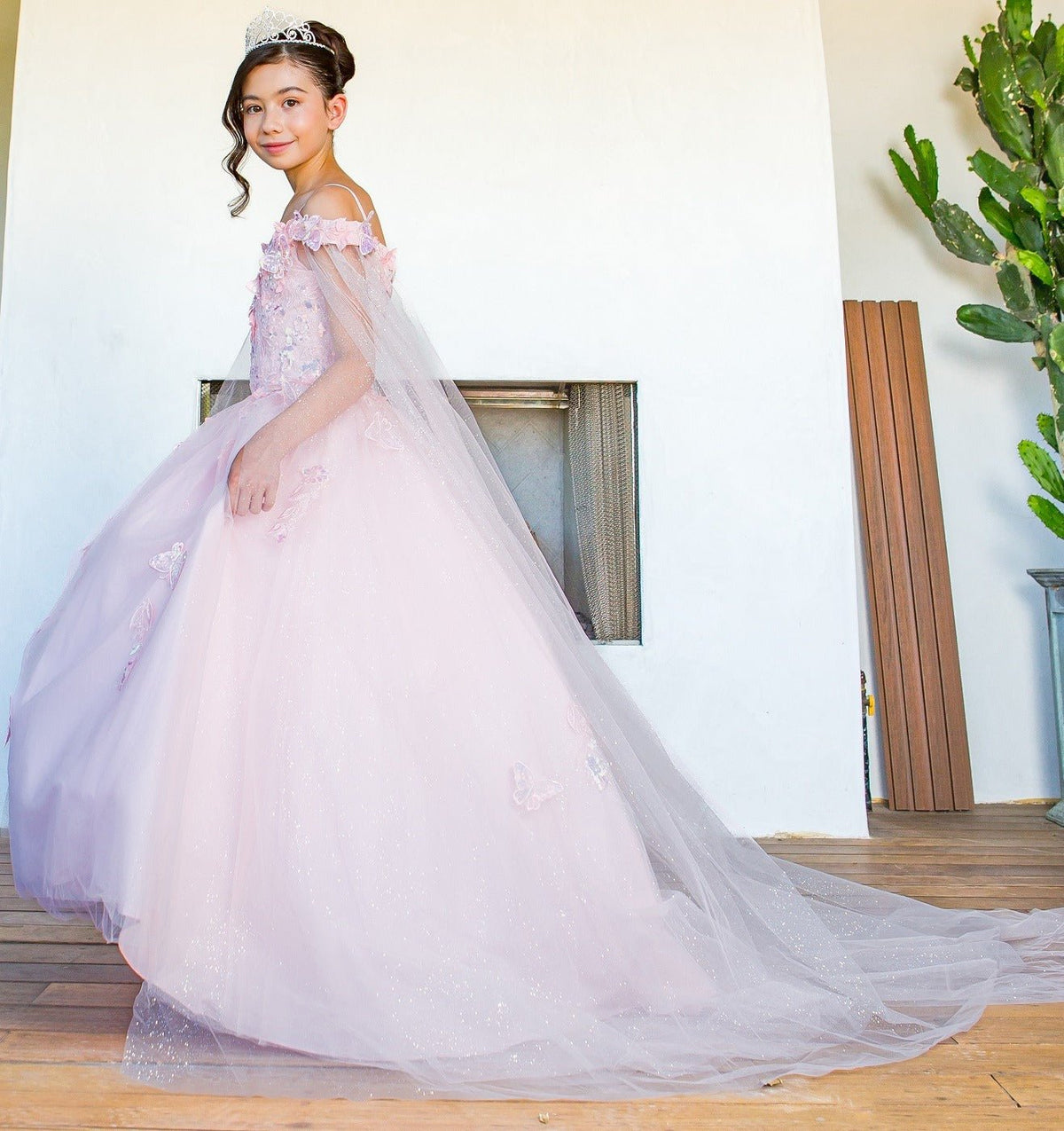 Front view of blush mini quince dress with 3D butterfly applique detachable sleeves glitter tulle train.