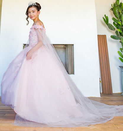 Front view presents blush mini quince dress with 3D butterfly applique detachable sleeves glitter tulle train.