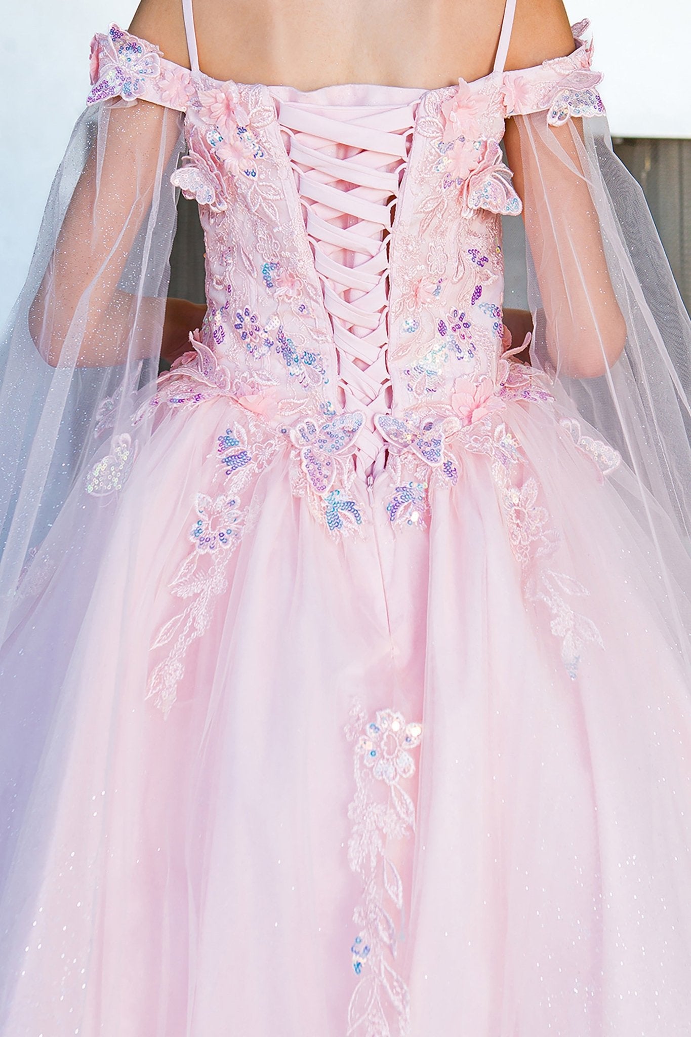 Blush mini quince dress with 3D butterfly applique detachable sleeves glitter tulle back detail.