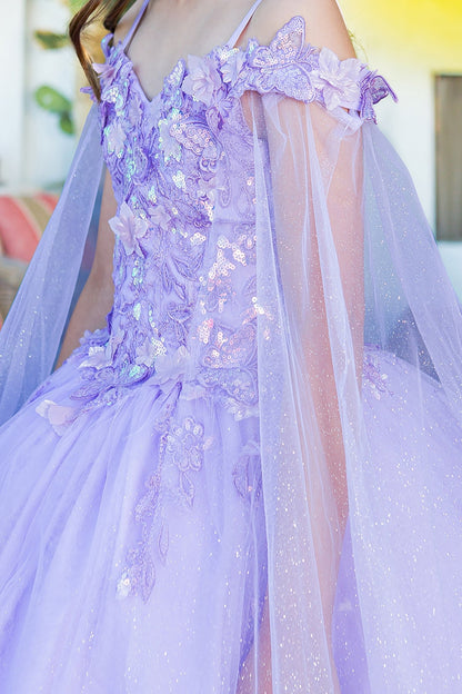 Kid wearing lilac mini quince dress with 3D butterfly applique detachable sleeves glitter tulle skirt