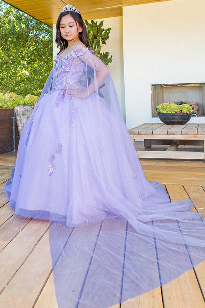 Kid wearing lilac mini quince dress with 3D butterfly applique detachable sleeves glitter tulle skirt