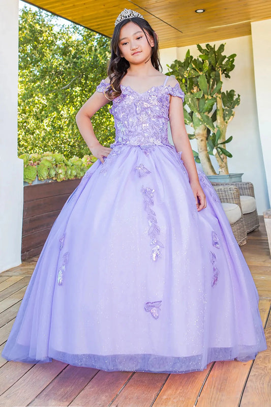 Front view of lilac mini quince dress with 3D butterfly applique detachable sleeves glitter tulle skirt.