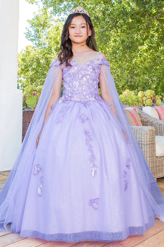 Shown in a front view, the Lilac mini quince dress has floral bodice, sheer shoulder drapes and a full tulle skirt.