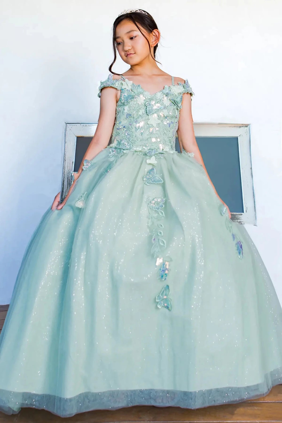 Front view of sage mini quince dress with 3D butterfly applique detachable sleeves glitter tulle skirt.