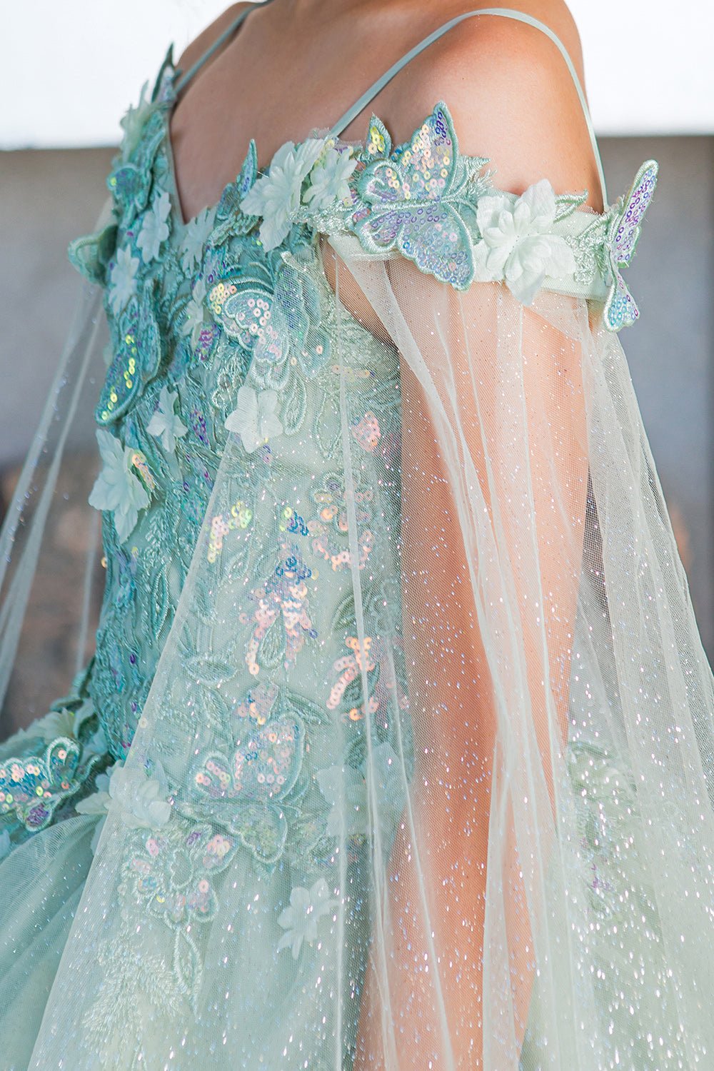 Sage mini quince dress with 3D butterfly applique detachable sleeves glitter tulle skirt.