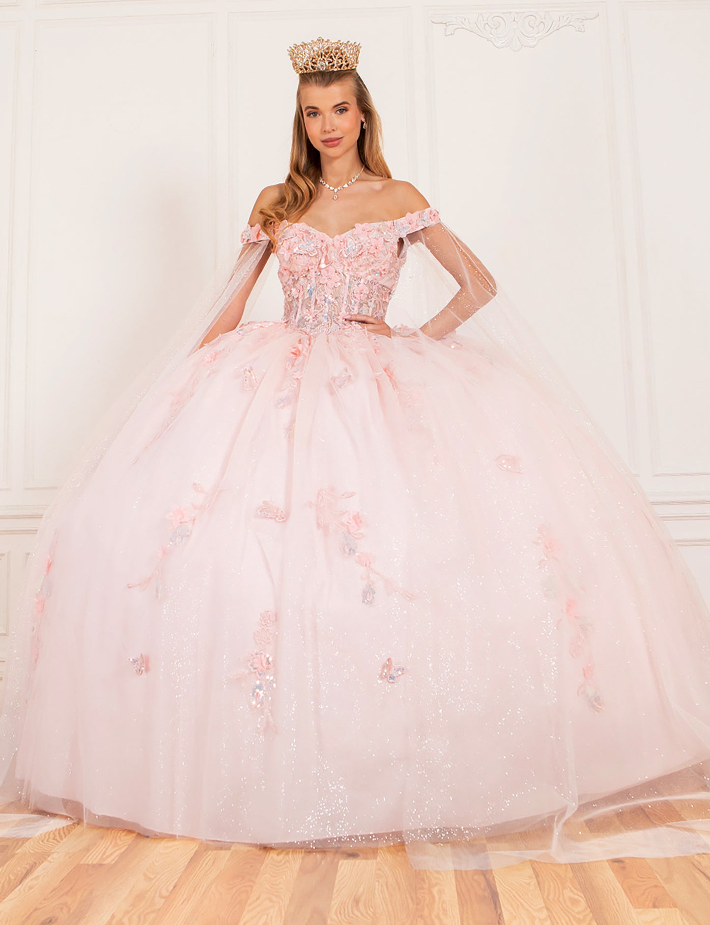 Quinceañera | Blush Off-Shoulder Embossed Tulle Satin Two-Tone Sequin Floral Appliqué Bodice with Detachable Long Sleeves Train Sweet 15 Ball Gown | Roma J dress | 3 Colors Available front view