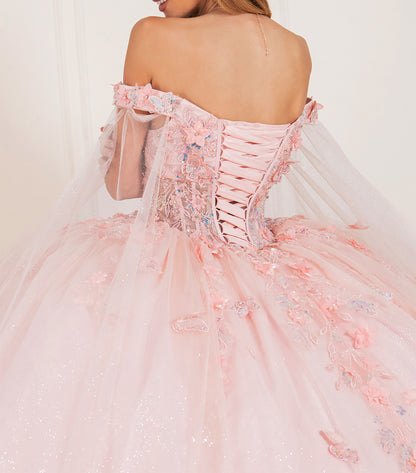 Quinceañera | Blush Off-Shoulder Embossed Tulle Satin Two-Tone Sequin Floral Appliqué Bodice with Detachable Long Sleeves Train Sweet 15 Ball Gown | Roma J dress | 3 Colors Available back view