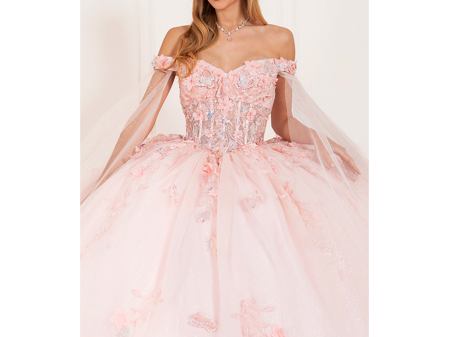 Quinceañera | Blush Off-Shoulder Embossed Tulle Satin Two-Tone Sequin Floral Appliqué Bodice with Detachable Long Sleeves Train Sweet 15 Ball Gown | Roma J dress | 3 Colors Available front with necklace