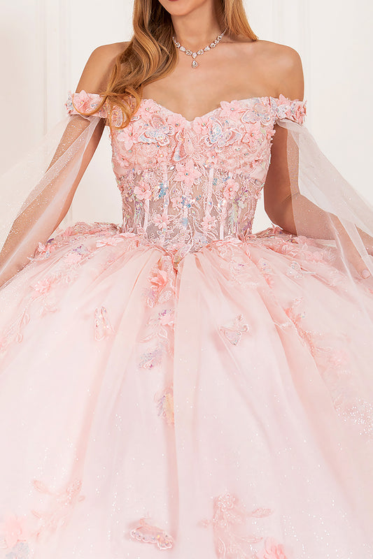 close-up the part of the dress and it's showing butterfly applique and a lace train on top of the dress.