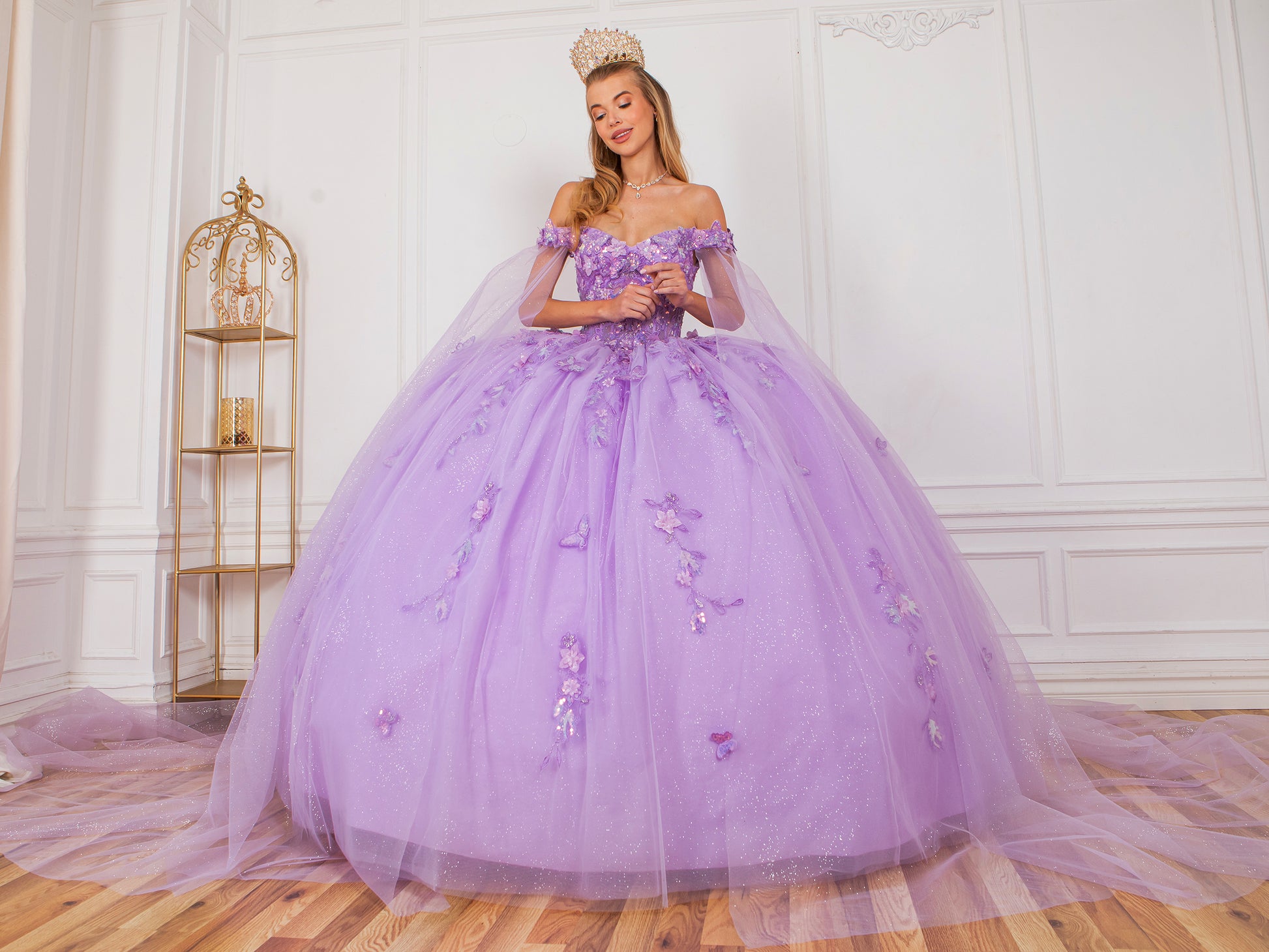 Quinceañera | Lilac Off-Shoulder Embossed Tulle Satin Two-Tone Sequin Floral Appliqué Bodice with Detachable Long Sleeves Train Sweet 15 Ball Gown | Roma J dress | 3 Colors Available whole view