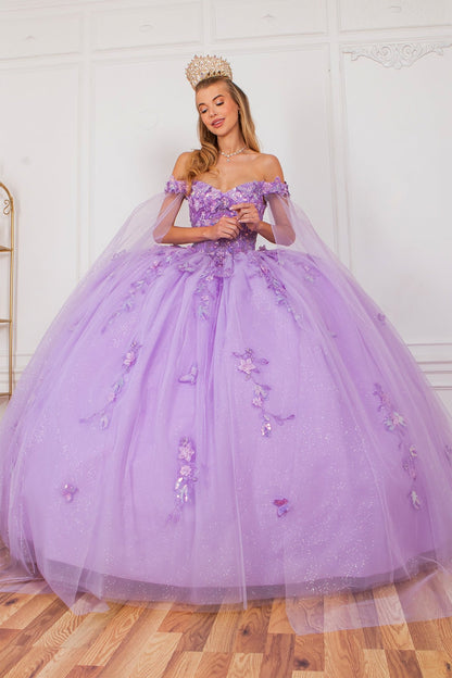 a girl wearing butterfly quinceanera dress in a studio, and also wearing big tiara.