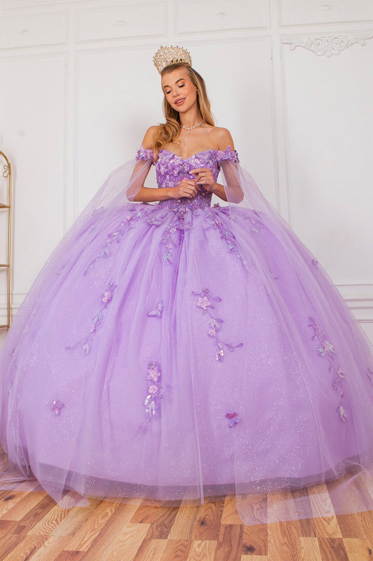 a girl wearing butterfly quinceanera dress in a studio, and also wearing big tiara.