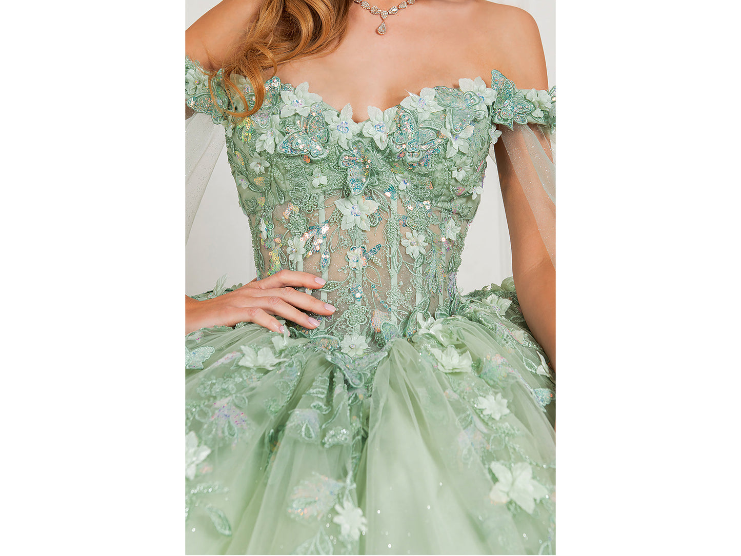 Quinceañera | Sage Off-Shoulder Embossed Tulle Satin Two-Tone Sequin Floral Appliqué Bodice with Detachable Long Sleeves Train Sweet 15 Ball Gown | Roma J dress | 3 Colors Available front zoom