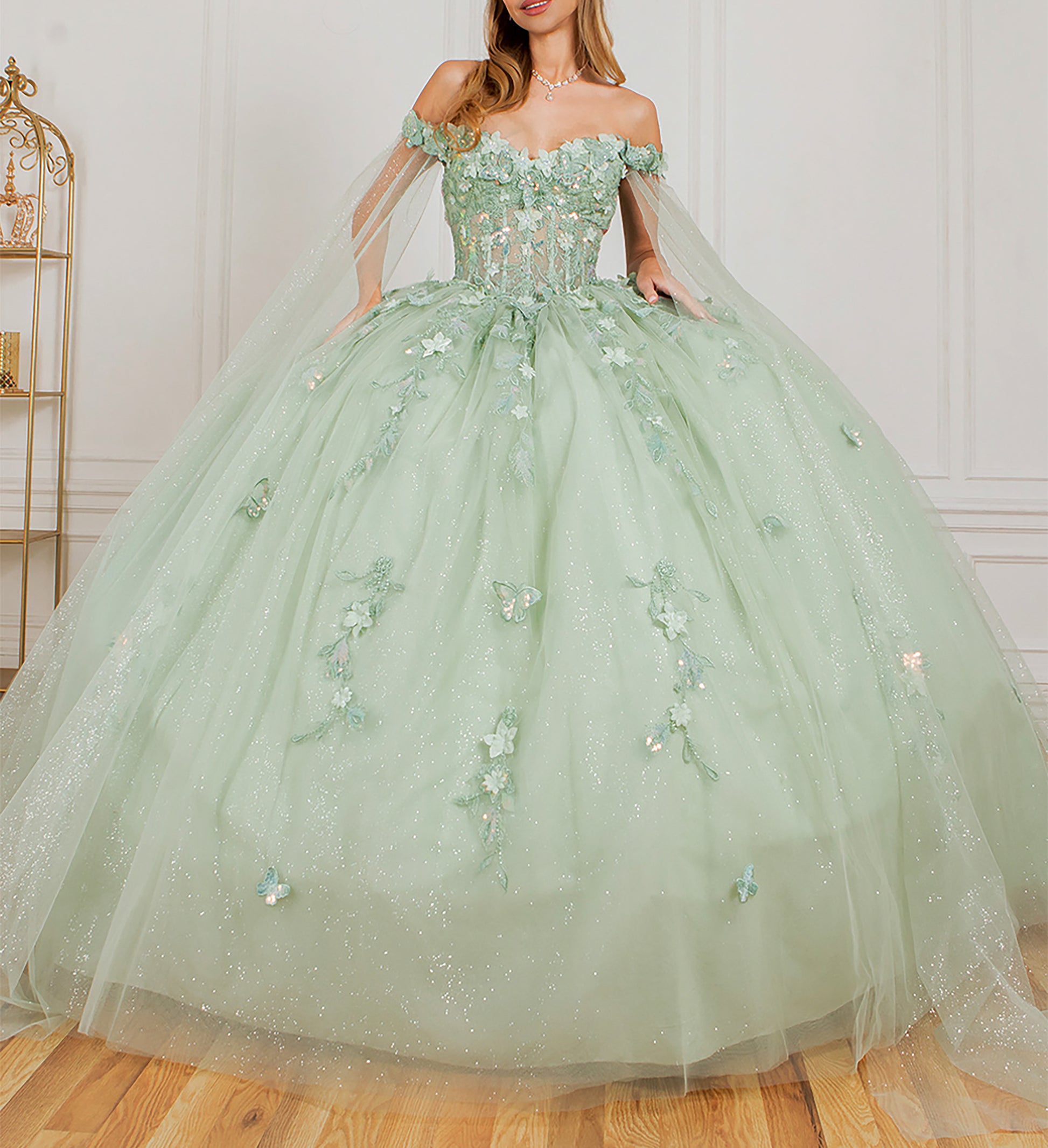 Quinceañera | Sage Off-Shoulder Embossed Tulle Satin Two-Tone Sequin Floral Appliqué Bodice with Detachable Long Sleeves Train Sweet 15 Ball Gown | Roma J dress | 3 Colors Available front view