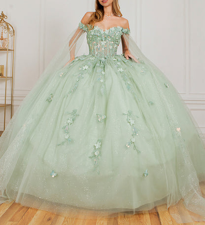 Quinceañera | Sage Off-Shoulder Embossed Tulle Satin Two-Tone Sequin Floral Appliqué Bodice with Detachable Long Sleeves Train Sweet 15 Ball Gown | Roma J dress | 3 Colors Available front view