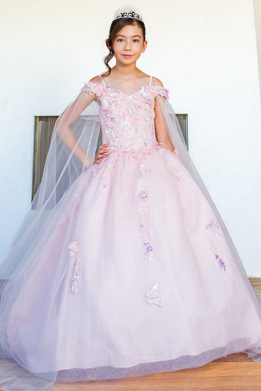 Mini Quince | Blush Detachable Sleeves 3D Butterfly & Floral Off-shoulder Glitter Tulle Skirt 3 Anos Ball gown | Roma K dress front view