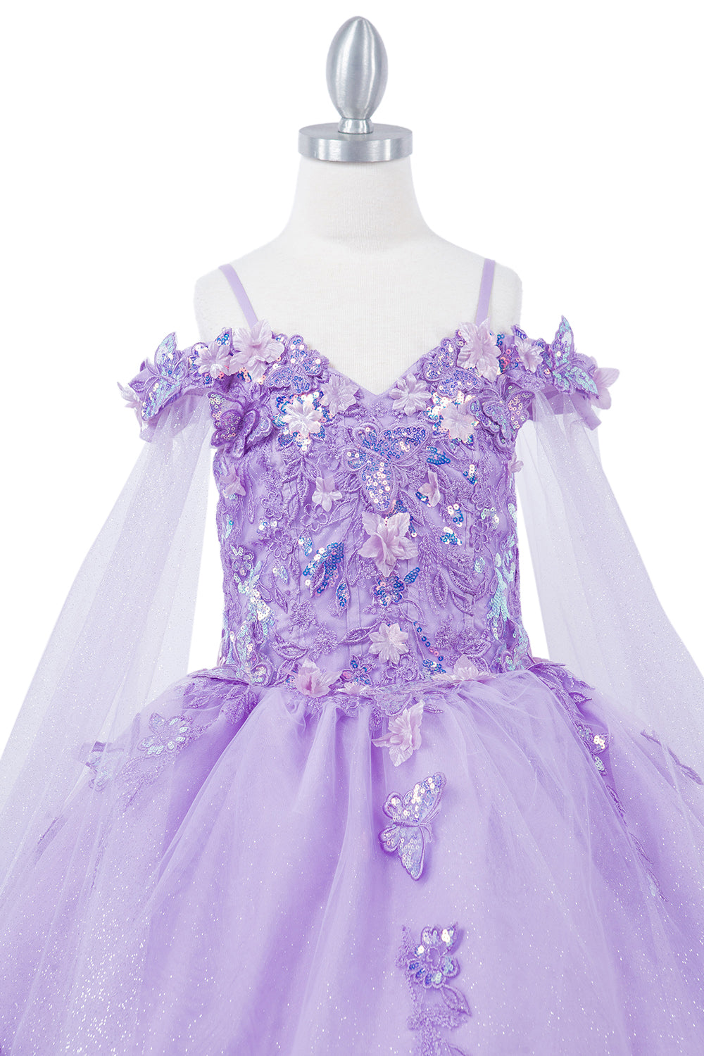 Mini Quince | Lilac Detachable Sleeves 3D Butterfly & Floral Off-shoulder Glitter Tulle Skirt 3 Anos Ball gown | Roma K dress | 3 Colors Available