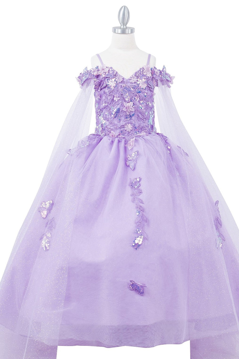 Mini Quince | Lilac Detachable Sleeves 3D Butterfly & Floral Off-shoulder Glitter Tulle Skirt 3 Anos Ball gown | Roma K dress | 3 Colors Available