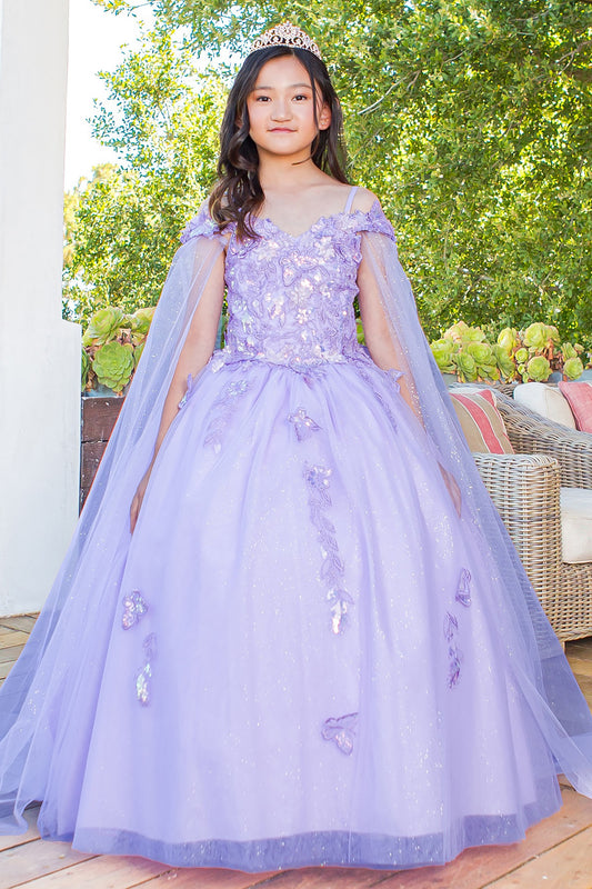 Mini Quince | Lilac Detachable Sleeves 3D Butterfly & Floral Off-shoulder Glitter Tulle Skirt 3 Anos Ball gown | Roma K dress | 3 Colors Available