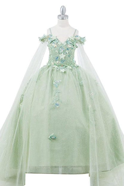 Mini Quince | Sage Detachable Sleeves 3D Butterfly & Floral Off-shoulder Glitter Tulle Skirt 3 Anos Ball gown | Roma K dress | 3 Colors Available whole view