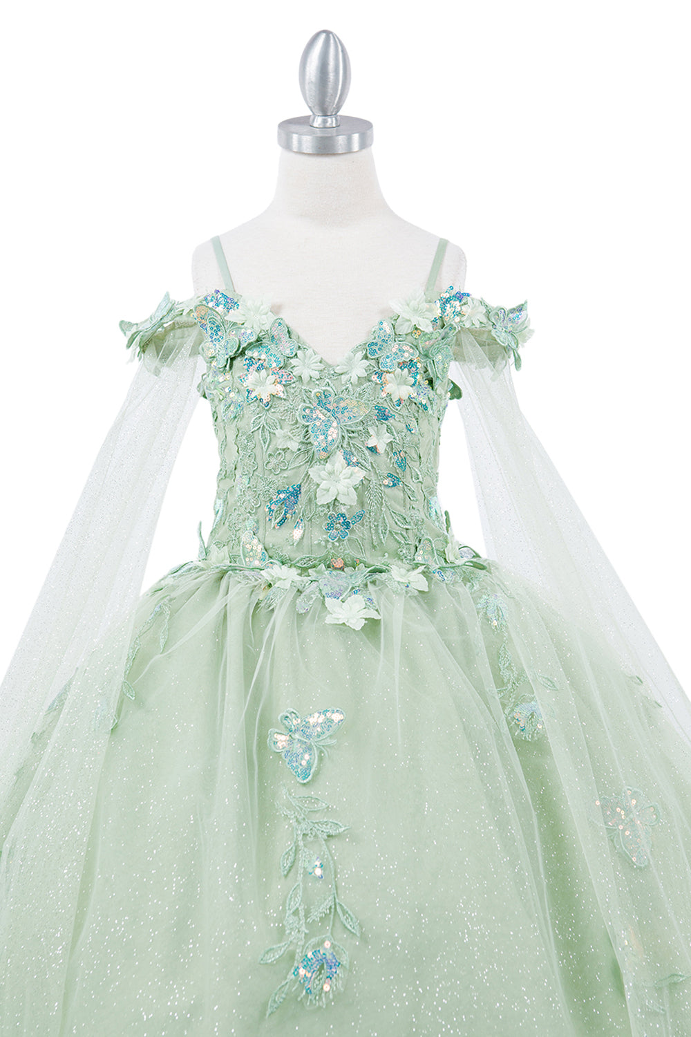 Mini Quince | Sage Detachable Sleeves 3D Butterfly & Floral Off-shoulder Glitter Tulle Skirt 3 Anos Ball gown | Roma K dress | 3 Colors Available front zoom