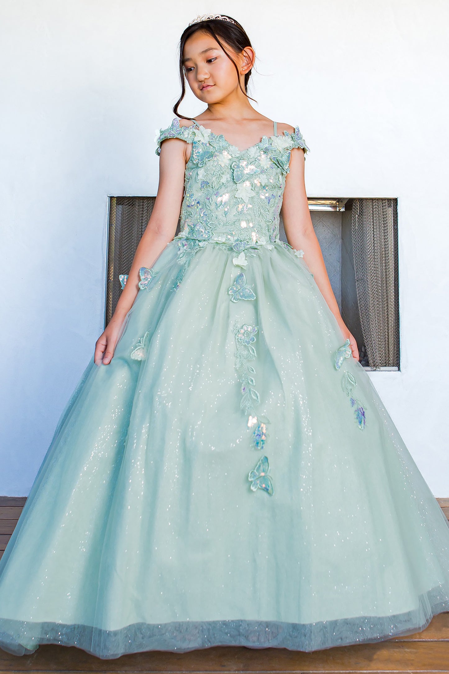 Mini Quince | Sage Detachable Sleeves 3D Butterfly & Floral Off-shoulder Glitter Tulle Skirt 3 Anos Ball gown | Roma K dress | 3 Colors Available front view