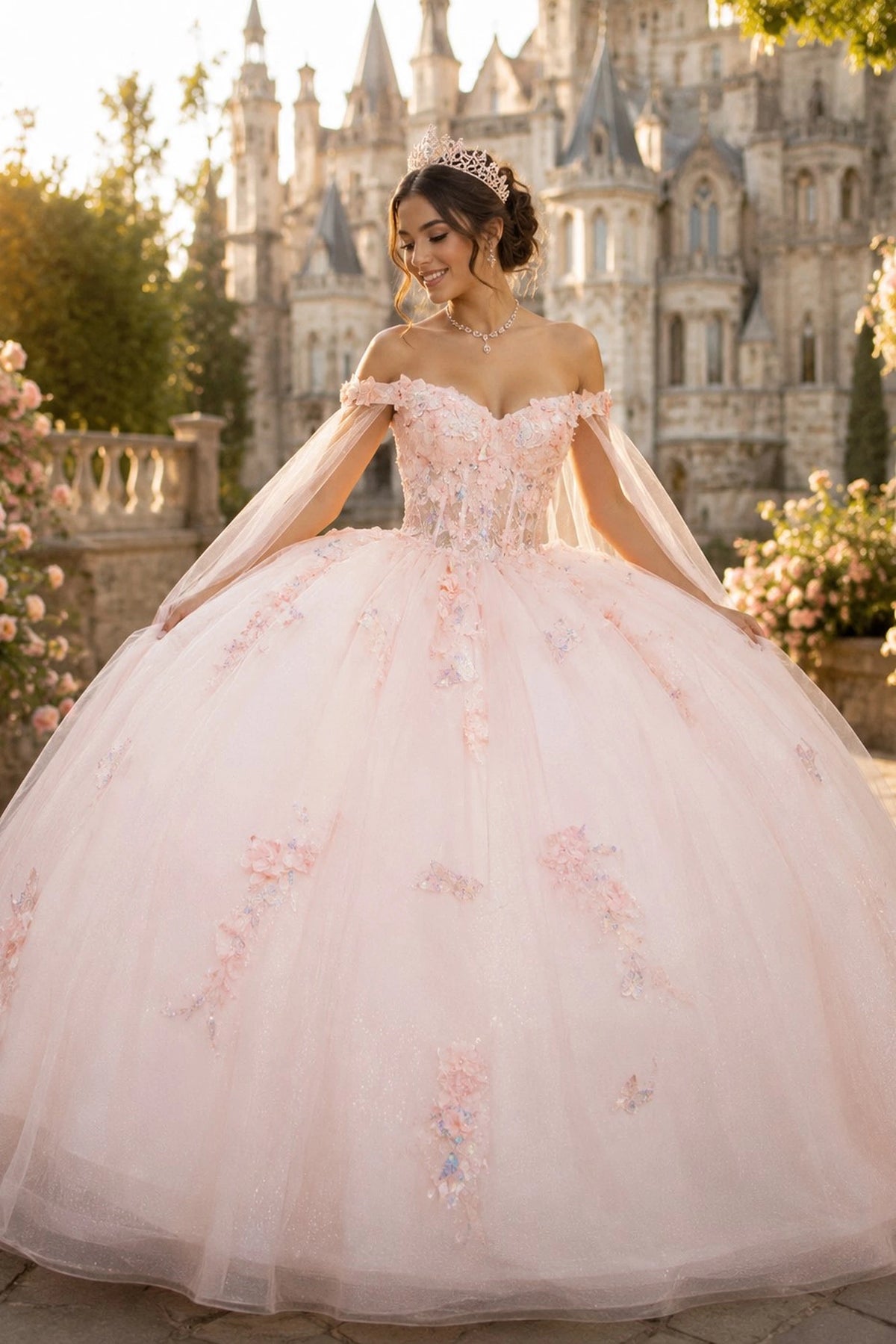  off-the-shoulder pink ball gown with floral applique and sheer veil sleeves