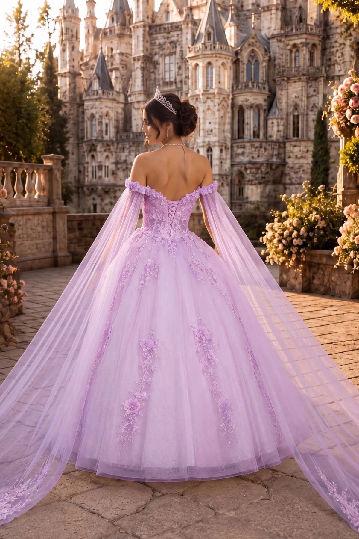 Shown in a back view, the Lilac quinceañera dress has lace-up back and long sheer shoulder drapes.
