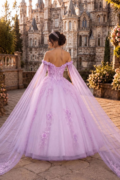 Shown in a back view, the Lilac quinceañera dress has lace-up back and long sheer shoulder drapes.