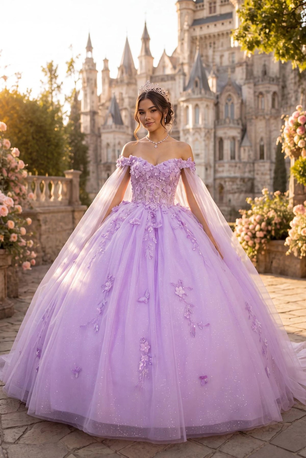 voluminous lavender off-the-shoulder ball gown with floral and butterfly appliqué 