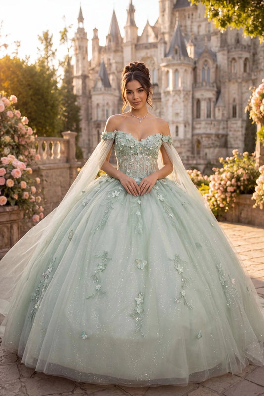 sage ball gown with a sheer veil. The dress is a soft mint green with floral embroidery and sparkly details